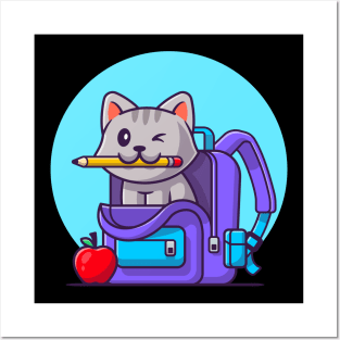 Cute Cat Biting Pencil With Bag And Apple Cartoon Posters and Art